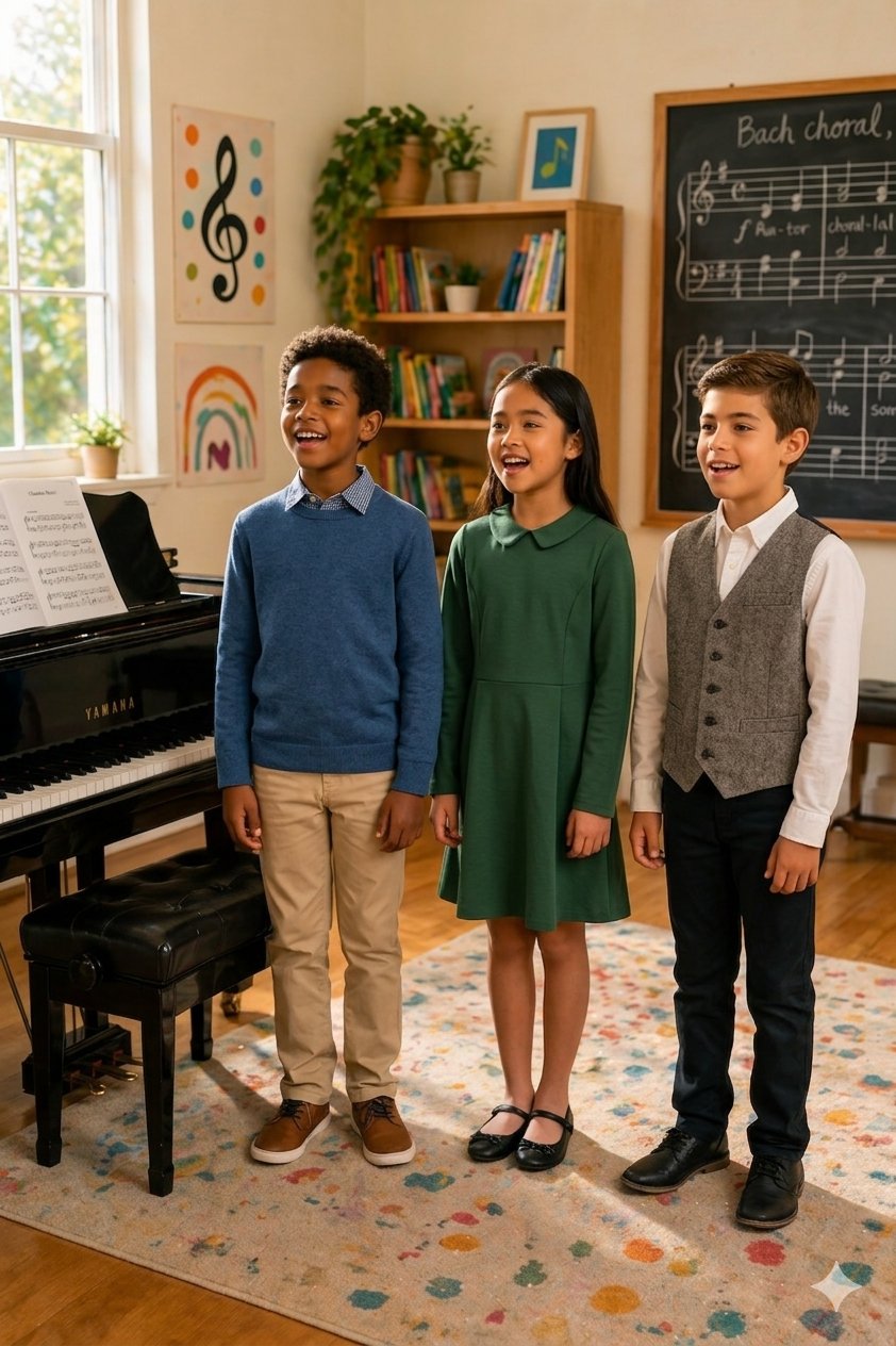 Rising Triple Threats — students singing standing and on stools