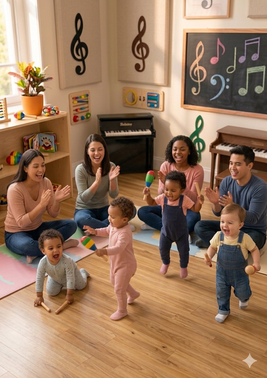 Caregivers clapping with their toddlers in a music class