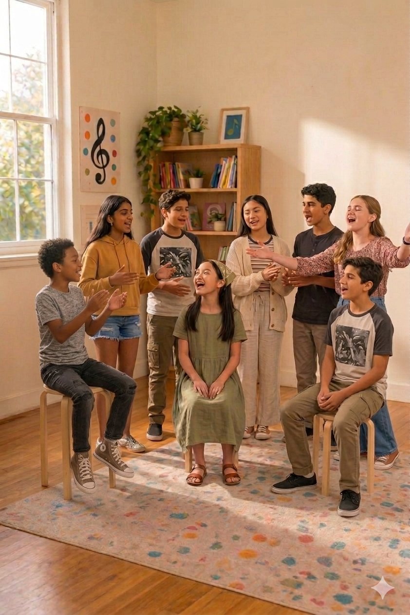 Triple Threat Academy — three kids singing by the piano