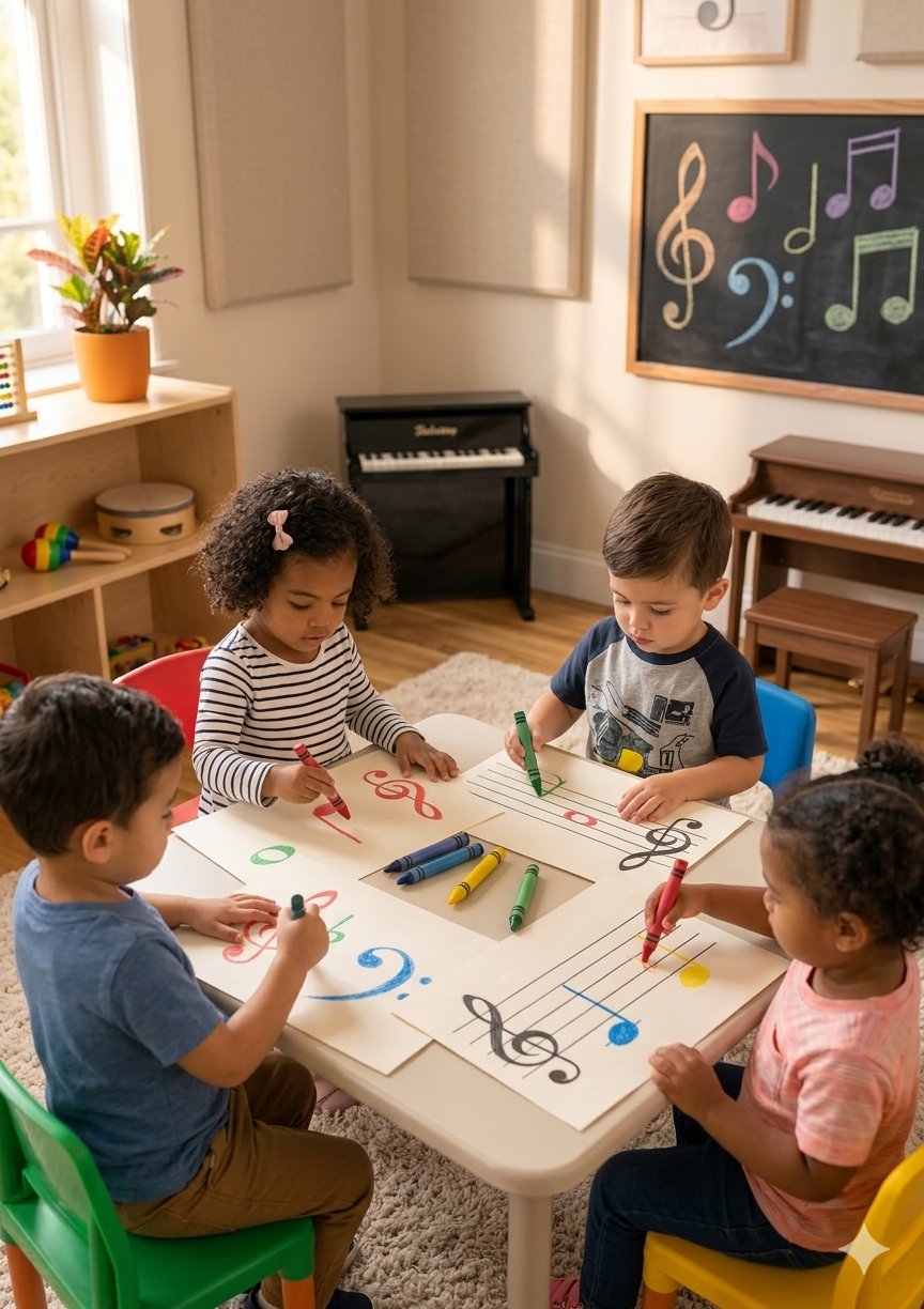 Tiny Triple Threats — kids drawing music notes at a table